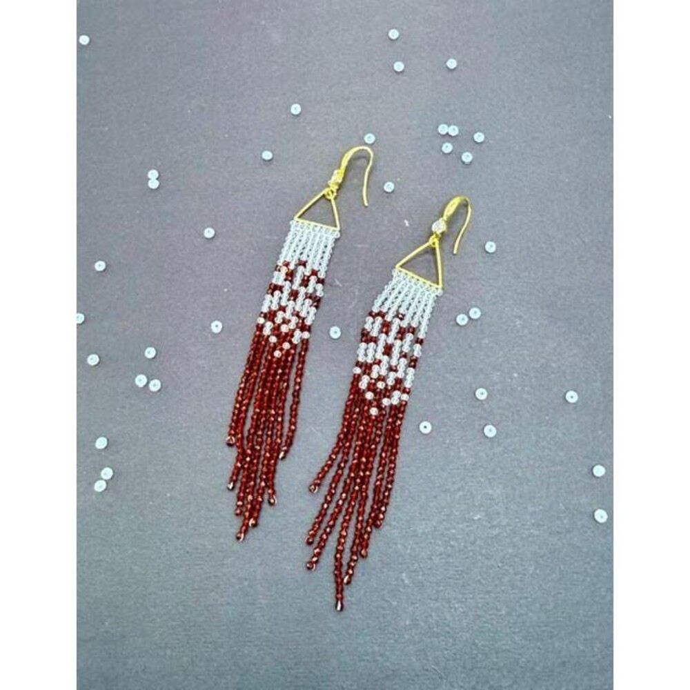 Handmade Red and White Beaded Earrings‎ – Elegant Long Fringe Jewelry